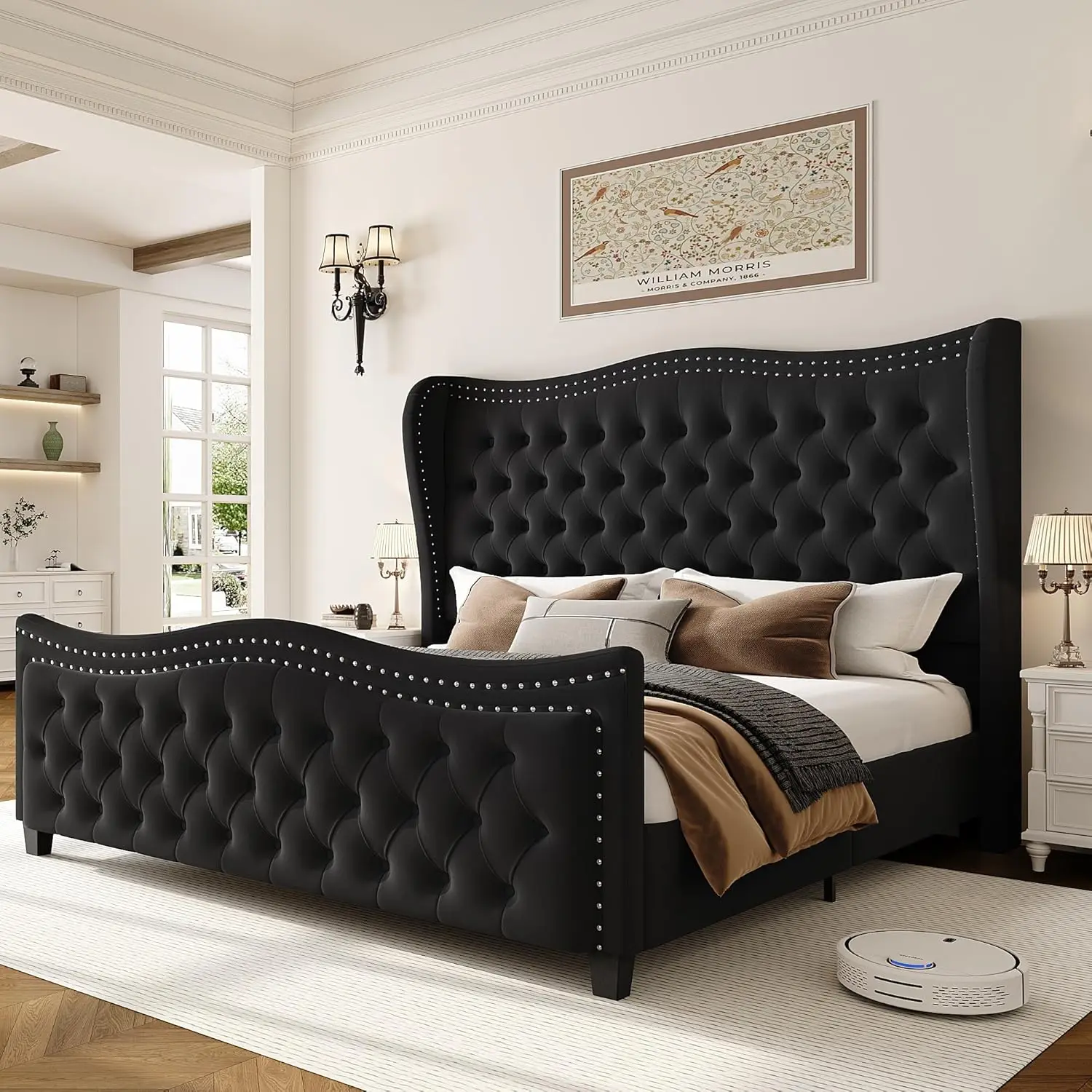 Queen Bed Frame, 55" Headboard Upholstered Bed with Tall Footbaord, Velvet Handmade Pleats Deep Button Tufted Wingback