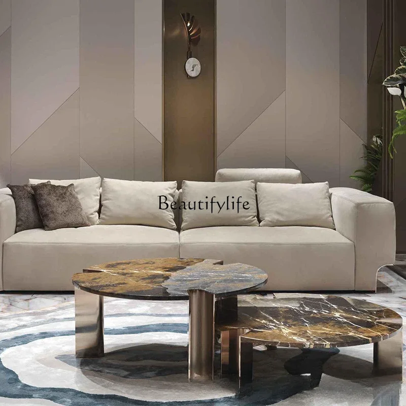 

*Marble relief coffee table combination Italian minimalist metal round low table