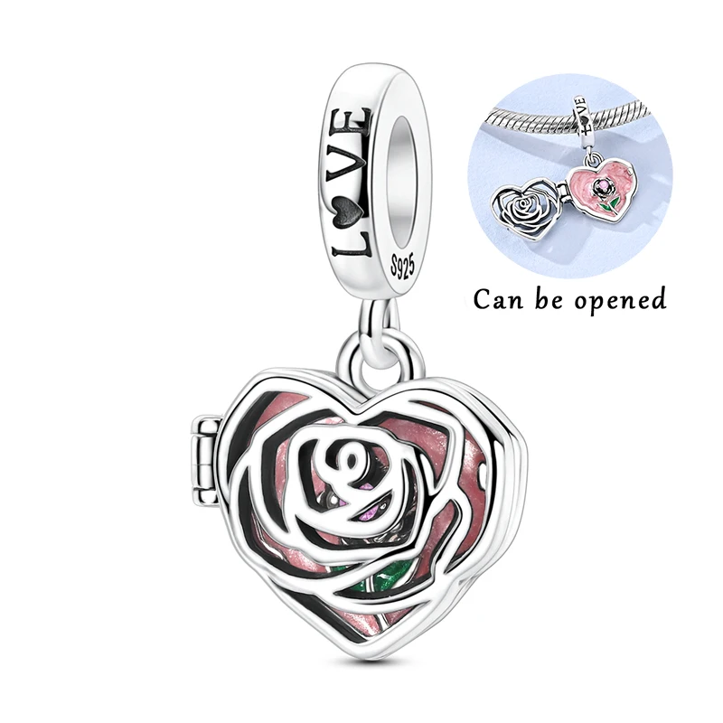 925 Sterling Silver Charms Bead Foldable Openwork Rose Dangle Fit Original Bracelet DIY Women Jewelry Gift