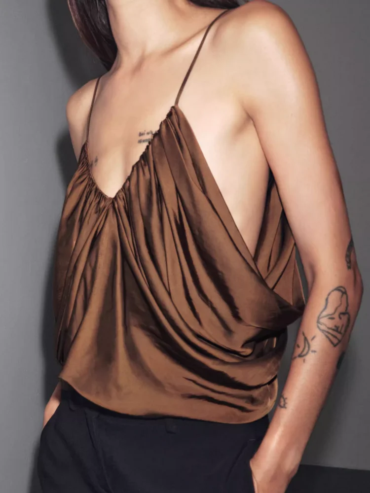 

2025 New Summer Women's Casual Sexy Deep V Suspender Tops Lady French Satin Sleeveless Halter Versatile Camis Strap Vest Sun-top