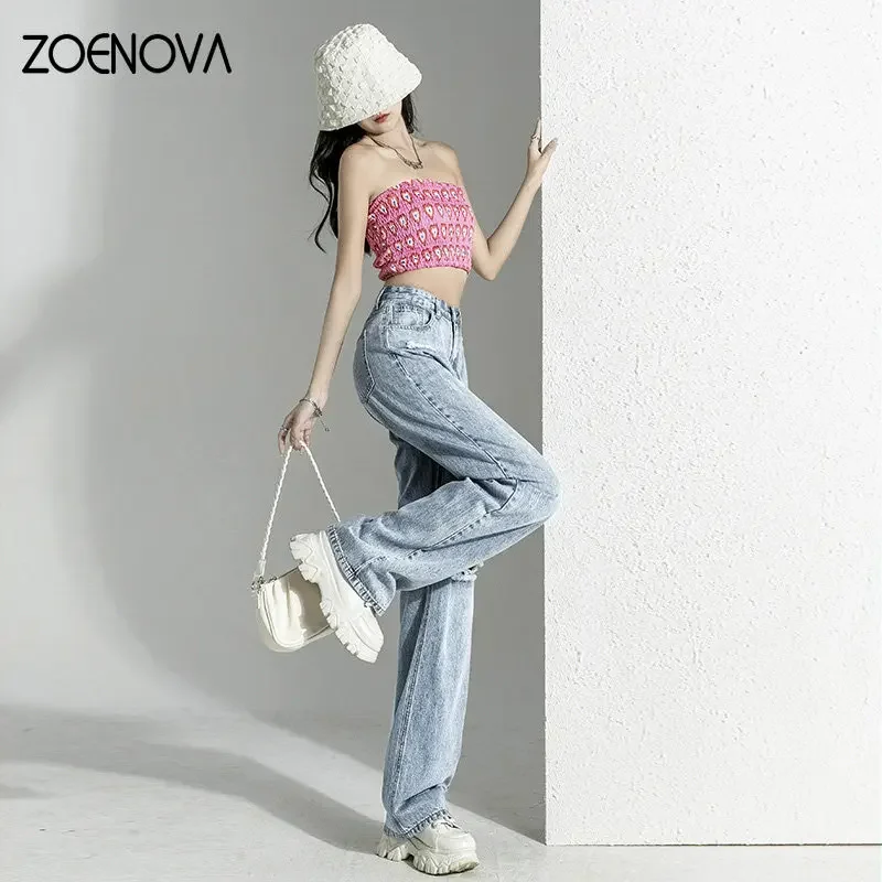 Imagem -03 - Zoenova Rasgado Jeans Primavera Outono 2023 Moda Nova Cintura Alta Tubo Reto Drape Calças de Perna Larga Versátil Simples Design Retro