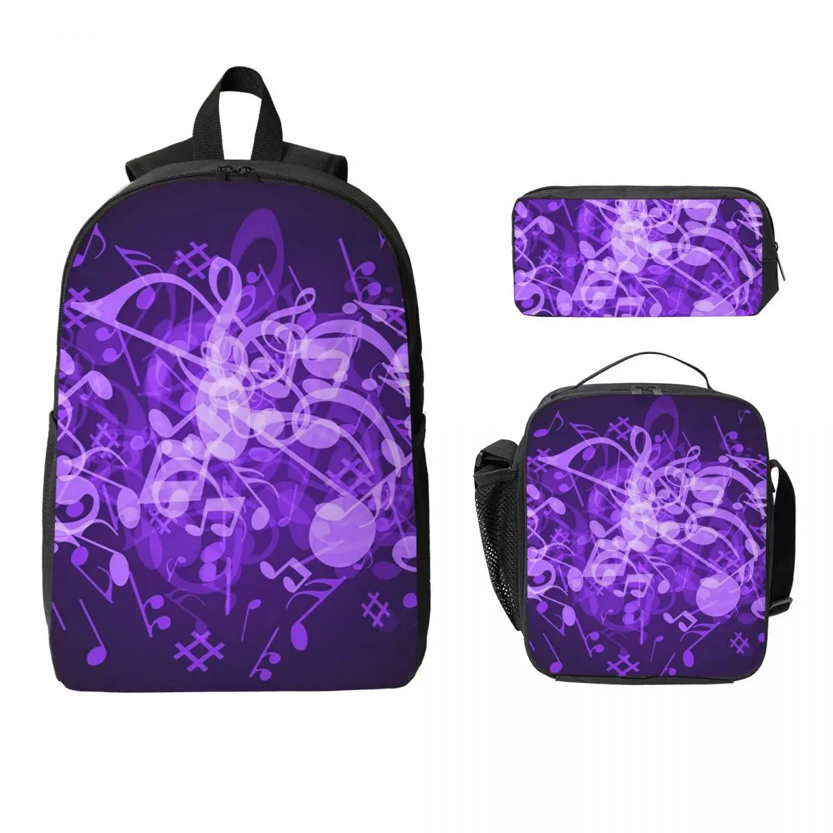 

Purple Glow Music Notes Backpack Boys Girls BookBag School Bag Computer Shoulder Bags 3ps Insulated Lunch Bag Pencil Case