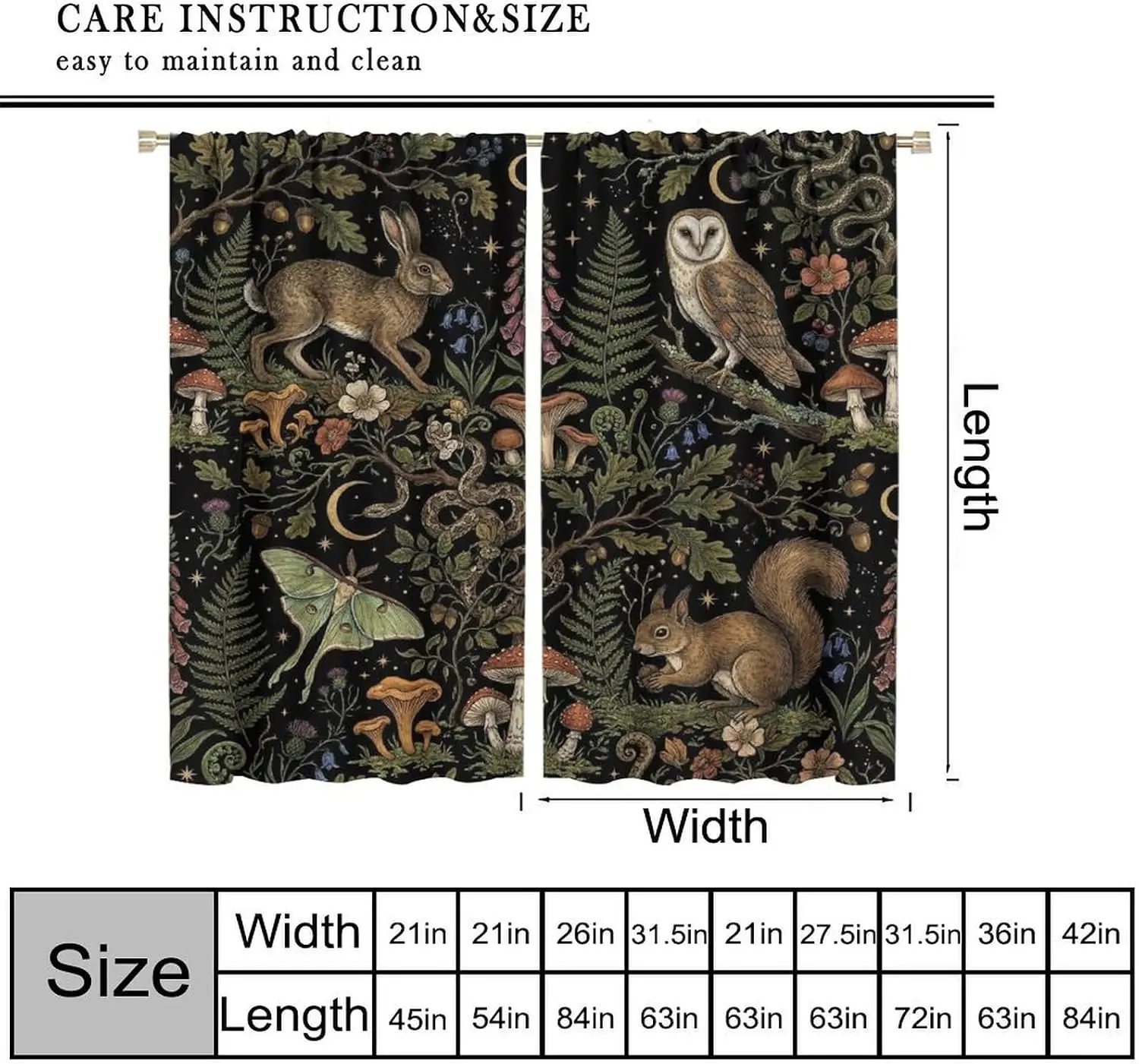 Dark Night Forest Curtain 2 Panels, Owl Hare Squirrel Mushroom Star Moon Black Print, Drapes for Bedroom Gothic Decor Curtain