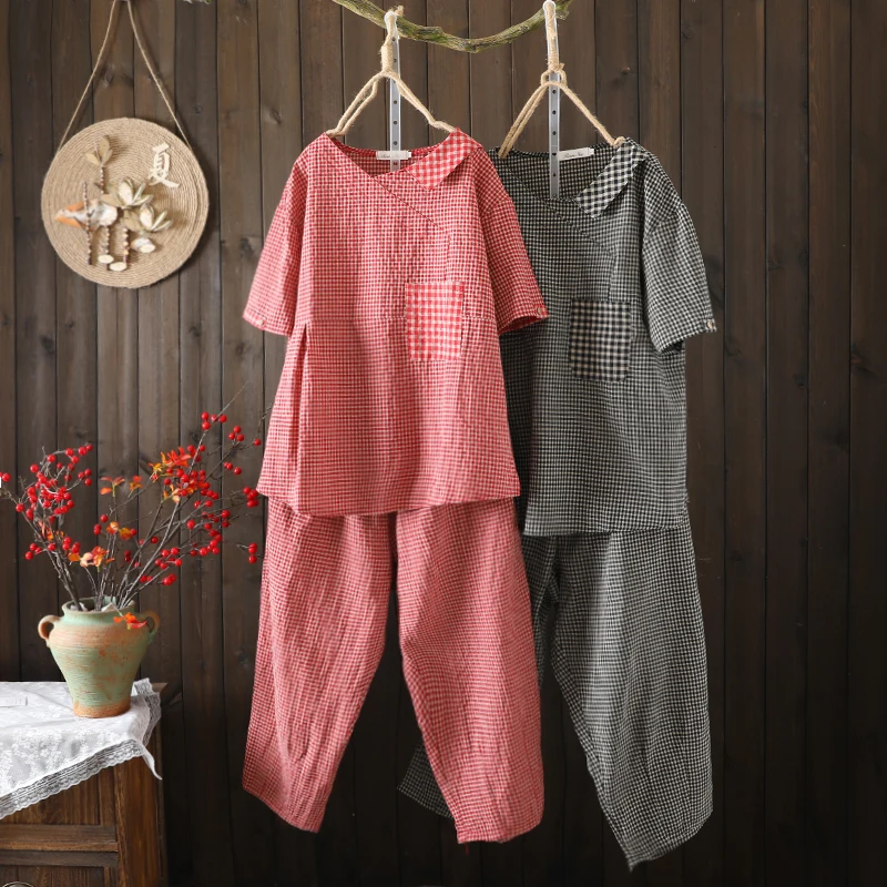 

Модный комплект из двух предметов из хлопка и льна с эластичной резинкой на талии, футболка с отложным воротником и брюки Харлан для больших размеров...