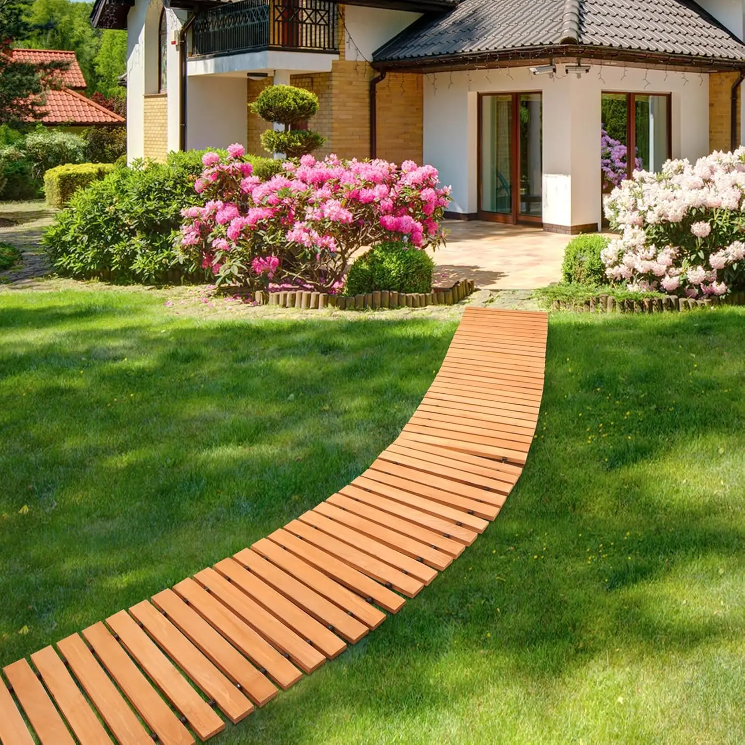 Wooden Garden Pathway12ft Roll Out Wooden Pathway Garden Walkways Cedar Walkway Weather-Resistant UV Protected Roll Up Wood Road