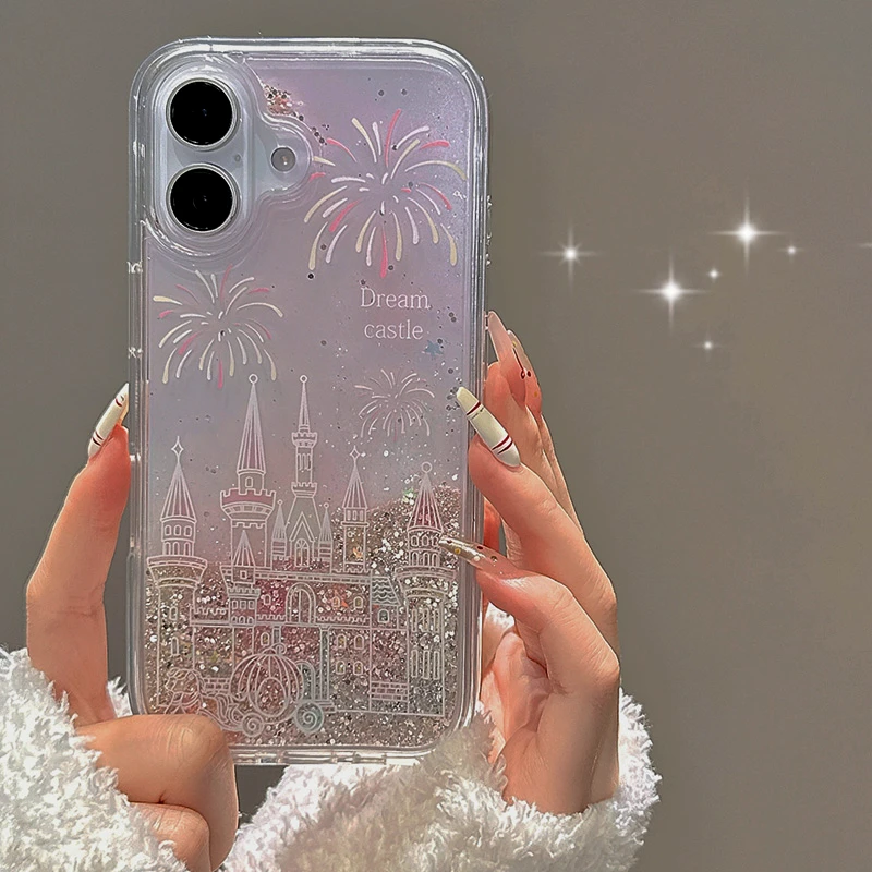 Glitter Cute Fireworks Quicksand Phone Case For iPhone 16 15 14 13 12 11 Pro Max Plus 2025 Girl Soft Cover Sequins Clear Shell