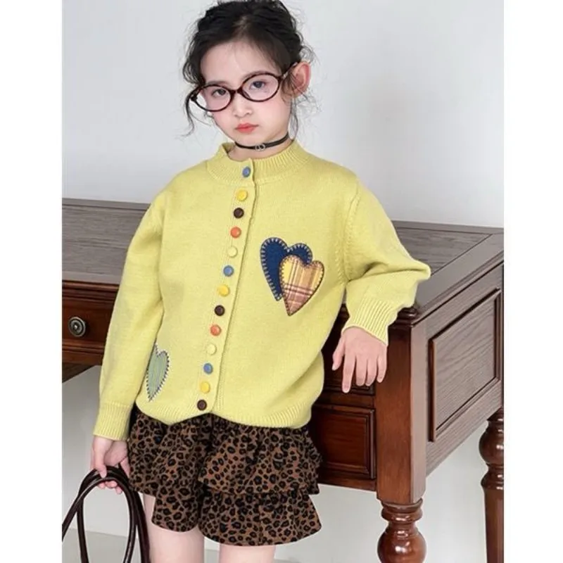 Spring Autumn Girls Knitted Sweater Cute Heart Pattern Pullover Kids Cartoon Long Sleeve Top Children Casual Base Layer