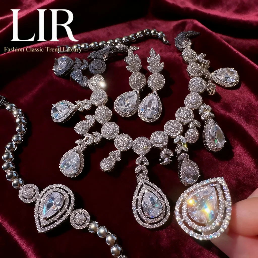 

LIR Austrian Court-Style Jewelry Set: Princess Tear Gem Tassel Necklace, Big Carat Zircon Bracelet, Earrings & Ring