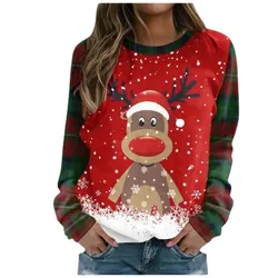 Cartoon Christmas Deer Pattern Women Fashion T-Shirts Long Sleeve 3D Printed Street Ladies Trend Tee 3XL Plus Size Casual Tops