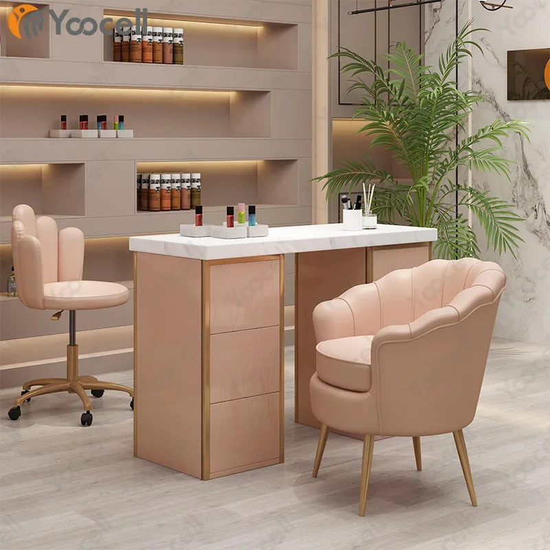 Yoocell, venta al por mayor, superventas, juego de mesa de uñas de lujo a la moda, mesa de manicura Microblading de Metal superior dorada para tienda de manicura