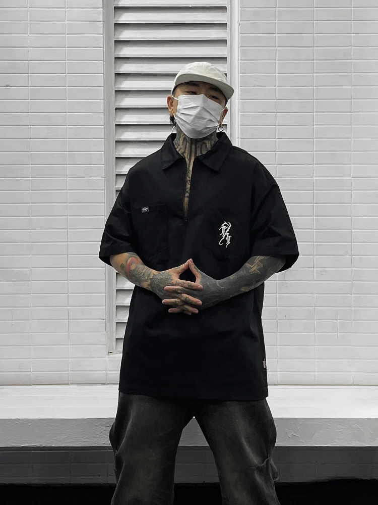 

Trendy American Retro Workwear Shirt Men's Loose Large Size Street Style West Coast Top Breathable Cotton Short Sleeve