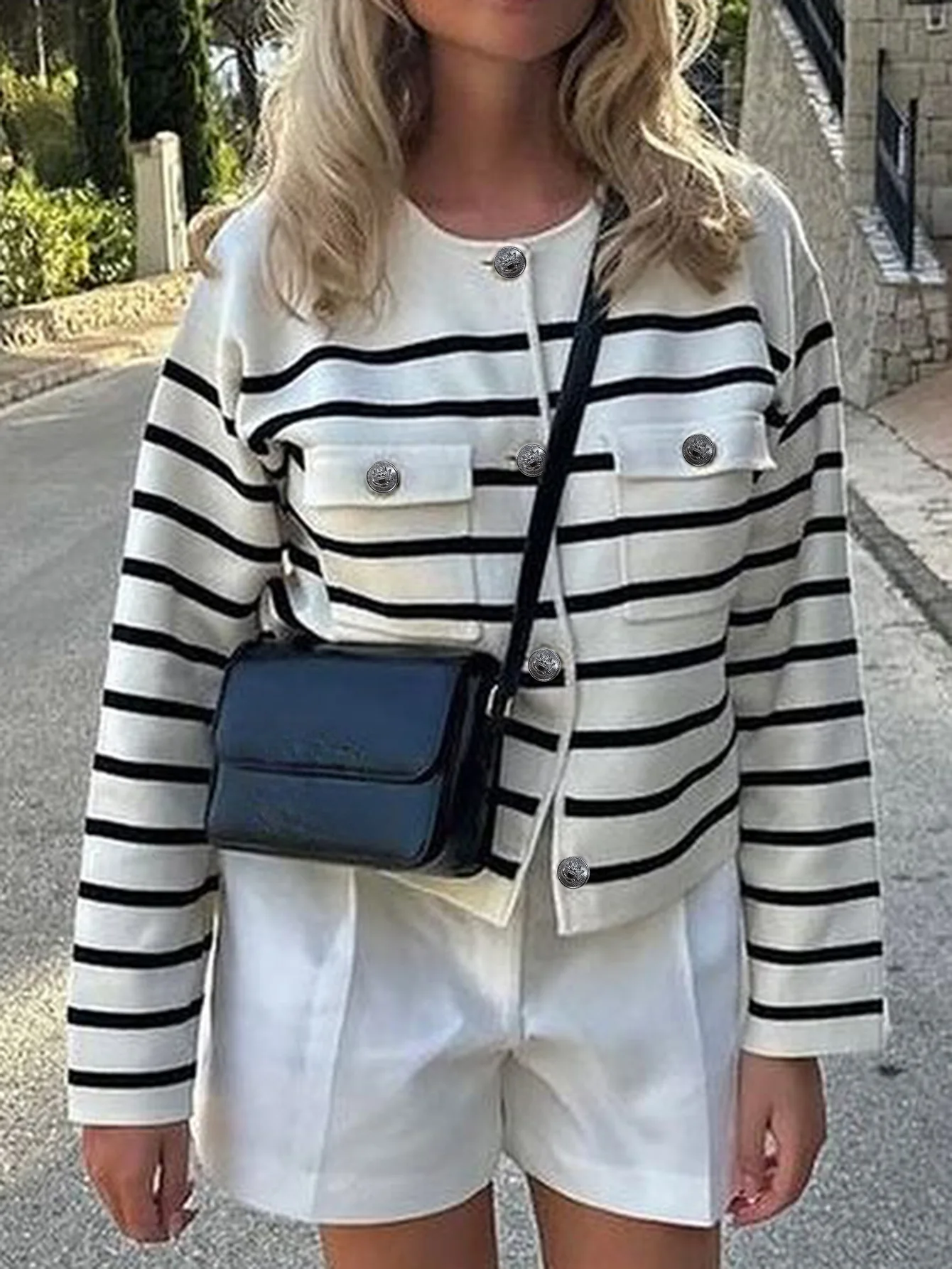 

Autumn Striped Jacquard Knitted Wool Top for Women, Classic Style, Elegant and Casual, Button Up Front, Long Sleeved Top