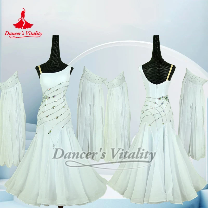 White Sleeveless Adult Waltz Foxtrot Luxury AB Stones Wrapped Hips Dresses Customize Women Social Dance Outfit Dancer's Vitality
