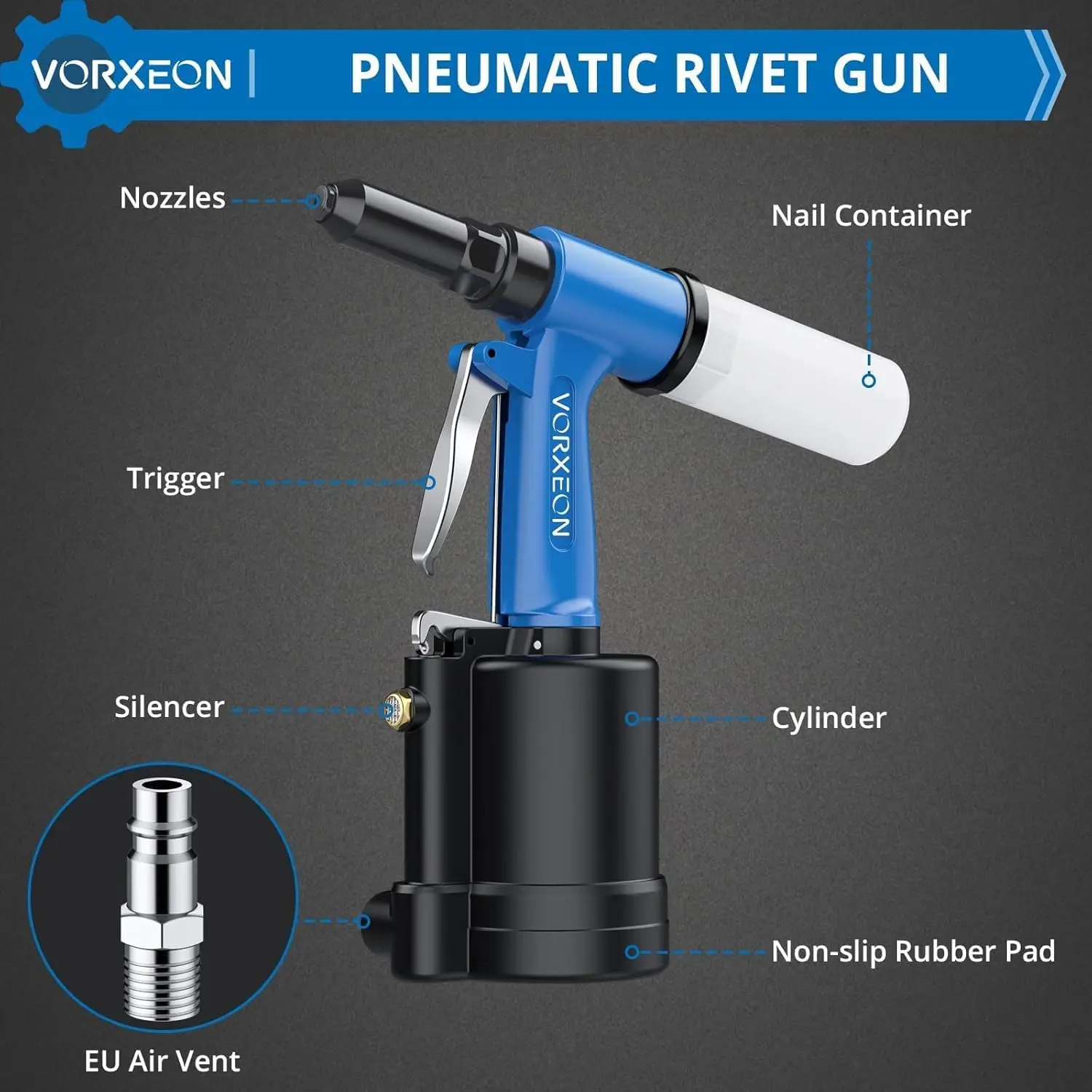 Air Rivet Gun Pneumatic with 500 Blind Rivets Aluminum Kit Pop Air Riveter Pulling Pressure 3097 lbf Heavy Duty Pneumatic Tool