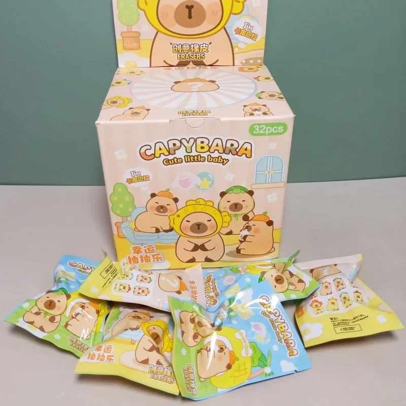 32 Pcs/Box Cartoon Cute Capybara Surprise Bag Eraser Stationery Student Supplies Stationery Wholesale