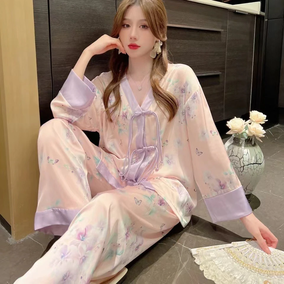 

V-Neck Print Pajamas Set Sleepwear Homewear Women Long Sleeve 2Pcs Trousers Sleep Suit Spring Silky Satin Pyjamas Lingerie