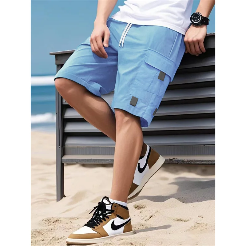 2025 صيف جديد نمط الرجال لون نقي عادية الرياضة الركض البضائع السراويل الرجال فضفاضة مستقيم الساق متعددة جيب خمسة أرباع السراويل ﻿