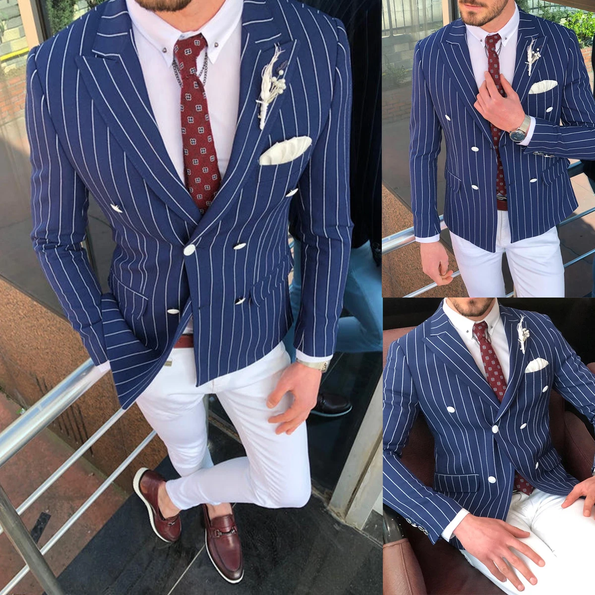 

Navy Stripes Men Jacket Slim Fit Double Breasted Mens Party Birthday Formal Wear Wedding Tuxedos Only One Piece No Pants