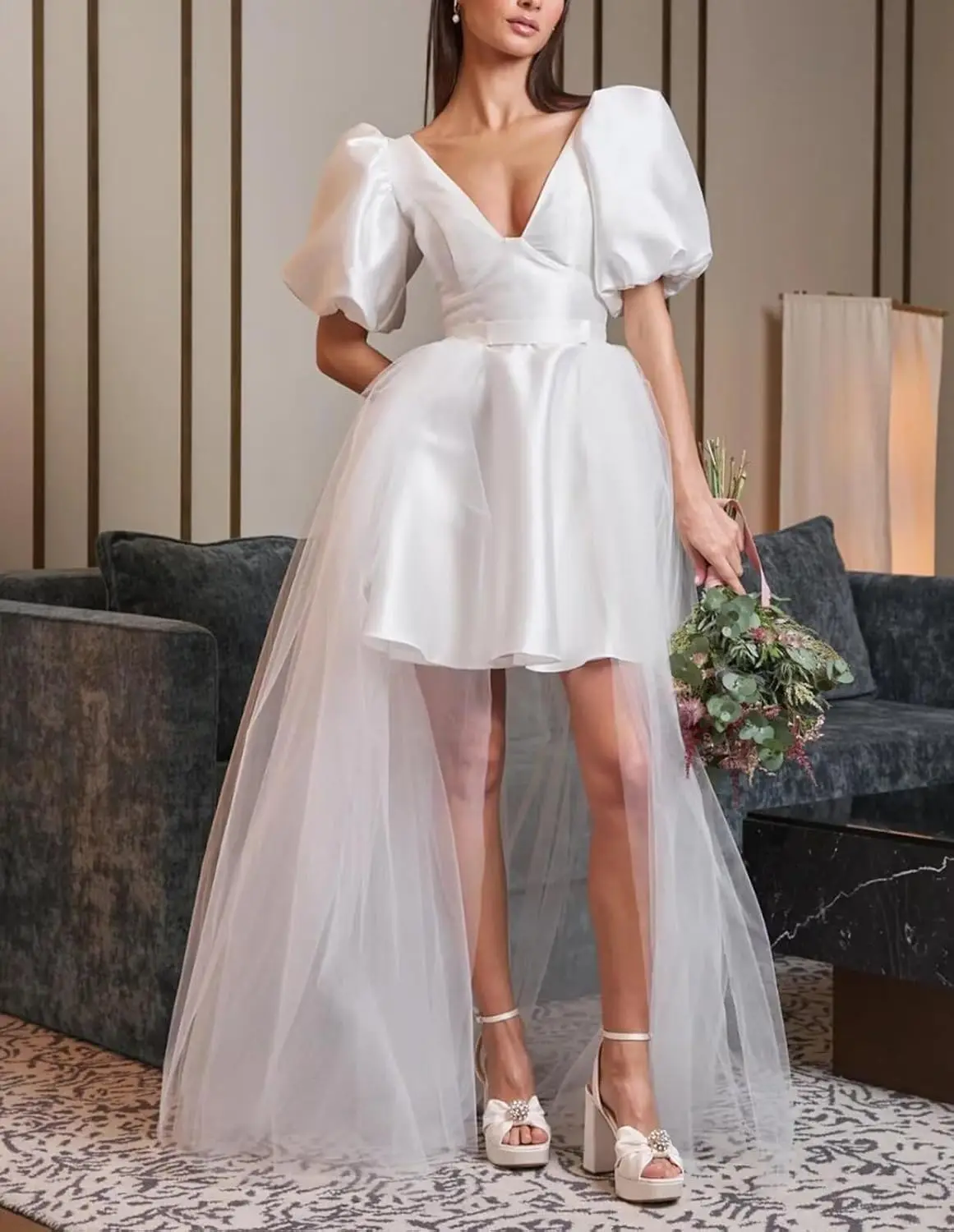 

Women's Short Wedding Dresses for Bride Sexy V Neck Satin Puffy Sleeves Mini Bridal Gown A Line Party Dress