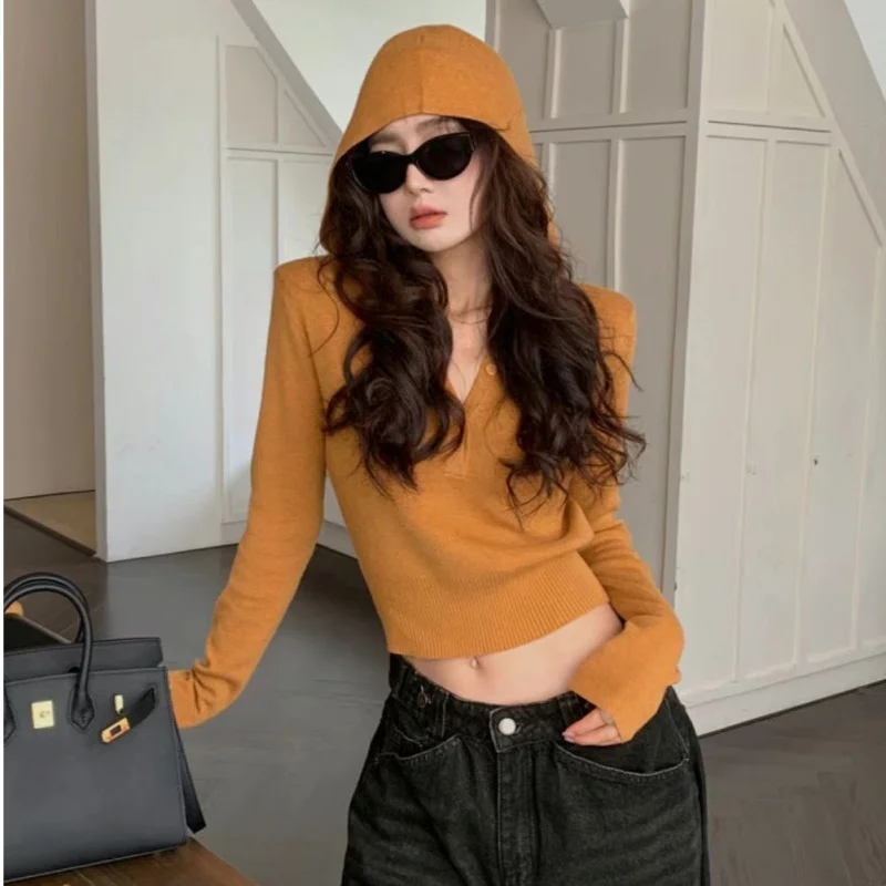 

Sexy V Neck Women Hoodies Knitted T-Shirts 2025 Casual Autumn Slim Crop Top Knitted Blouse Tops Long Sleeve Blouse Pullovers