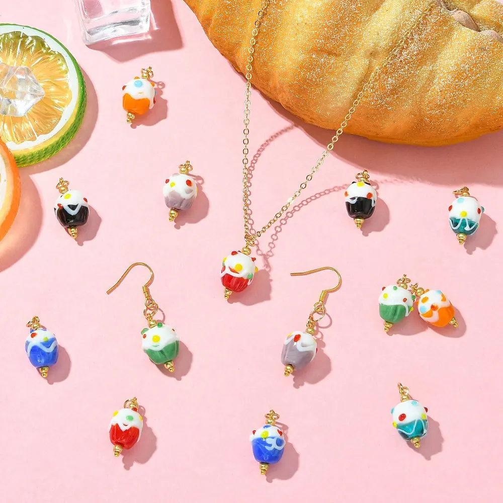 14pcs Handmade Lampwork Glass Cupcake Charms Ice Cream Cake Food Pendants for DIY Bracelet Necklace Earring Jewelry Making Craft