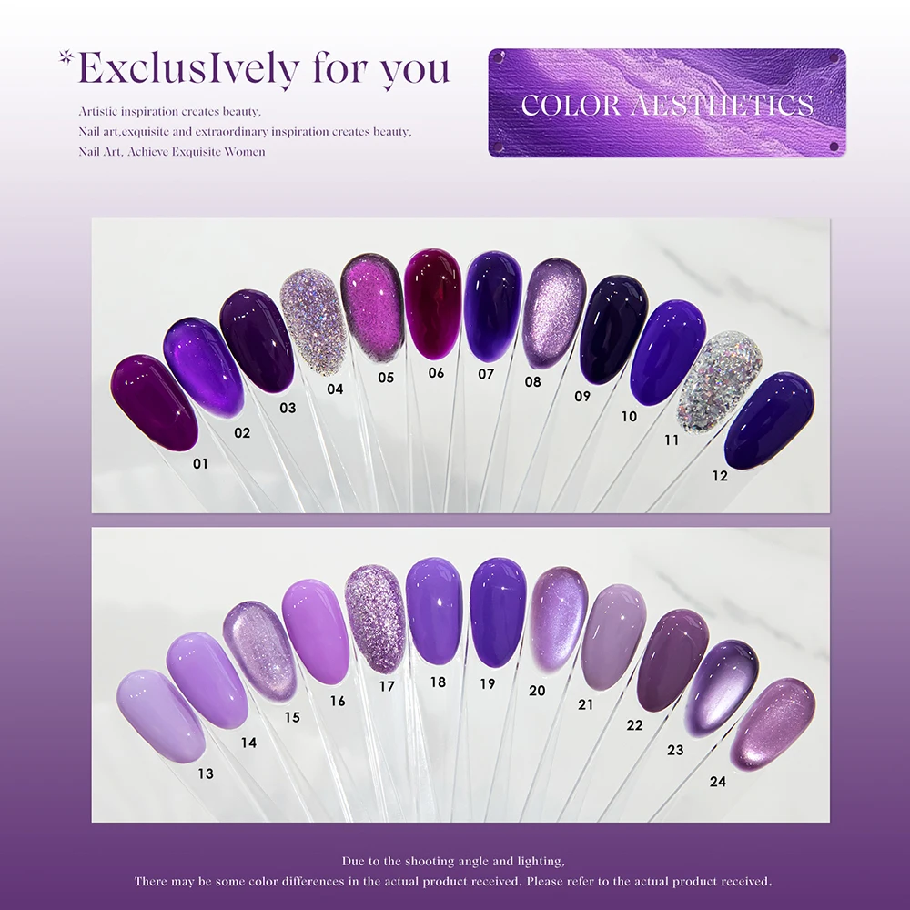 Vendeeni 24 Colors Purple Gel Nail Polish Mixed Set Glitter Sequins UV Soak Off Gel Varnish Magnetic Cat Eye Gel With Display