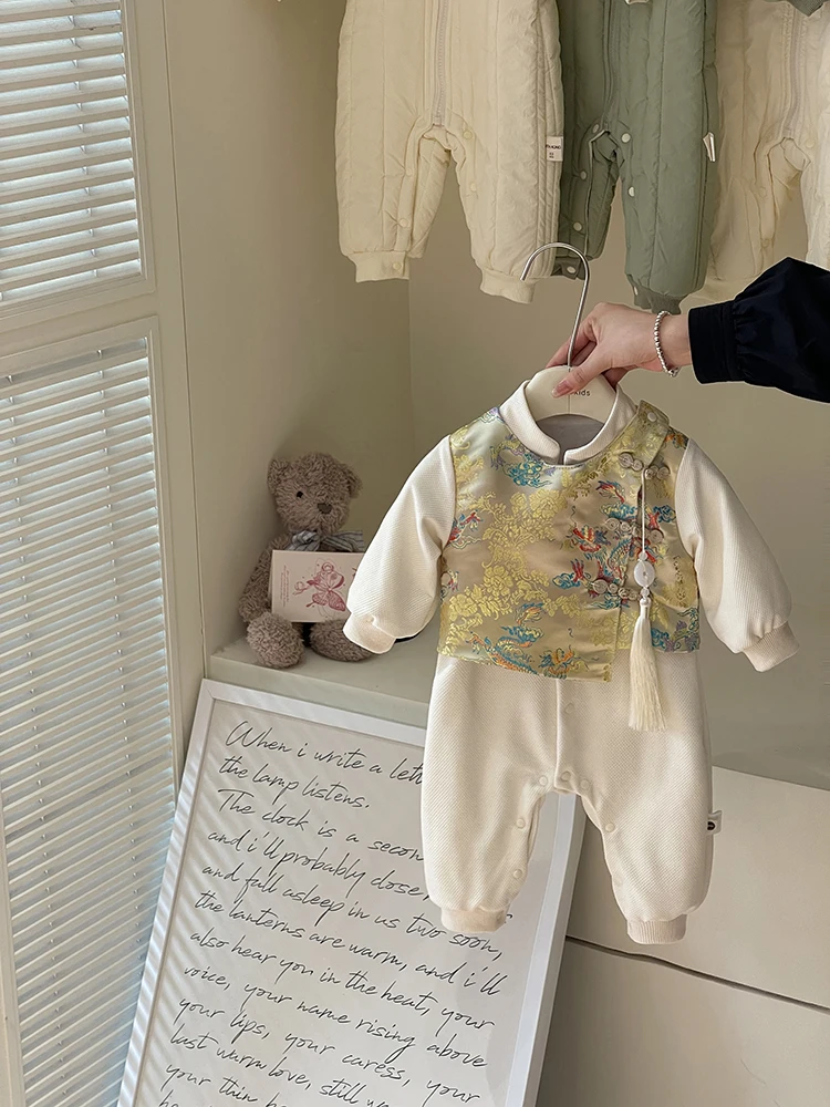 

Chinese Sle Long Sve Baby Boy Year Old Birthday Clothes Cotton Traditional Costume Double Layer Fake Two-Piece Onesie