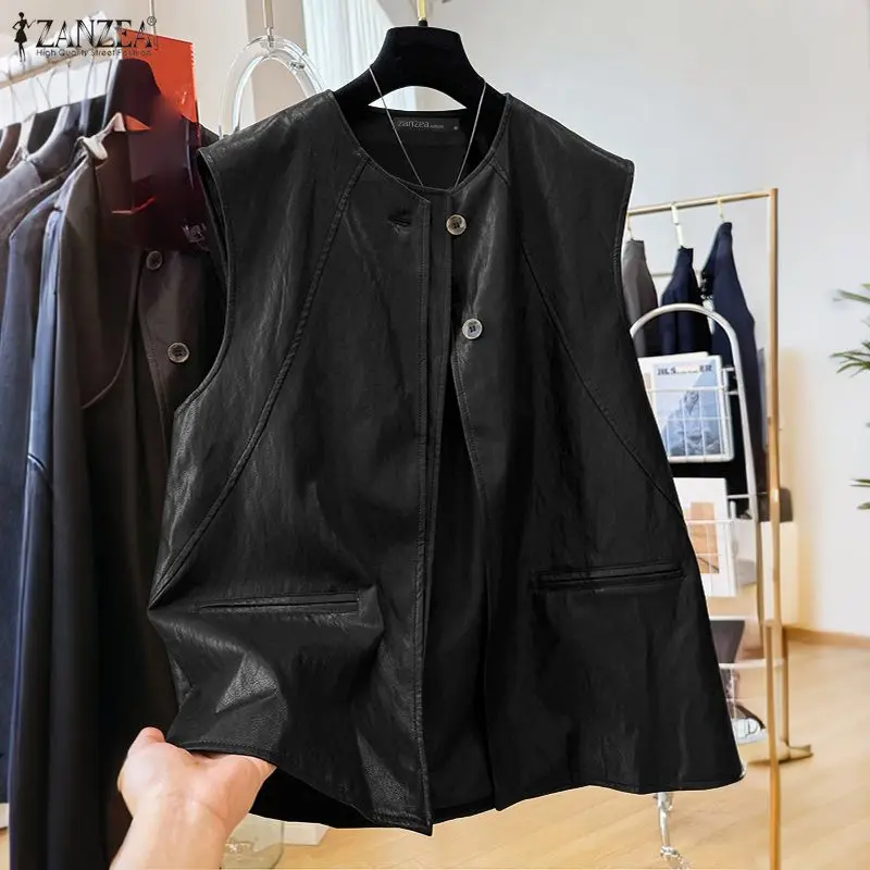 

ZANZEA Women's PU Leather Sleeveless Jackets Spring 2026 Faux Leather O-Neck Vests Waistcoats Streetwear Fashion Woman Clothes