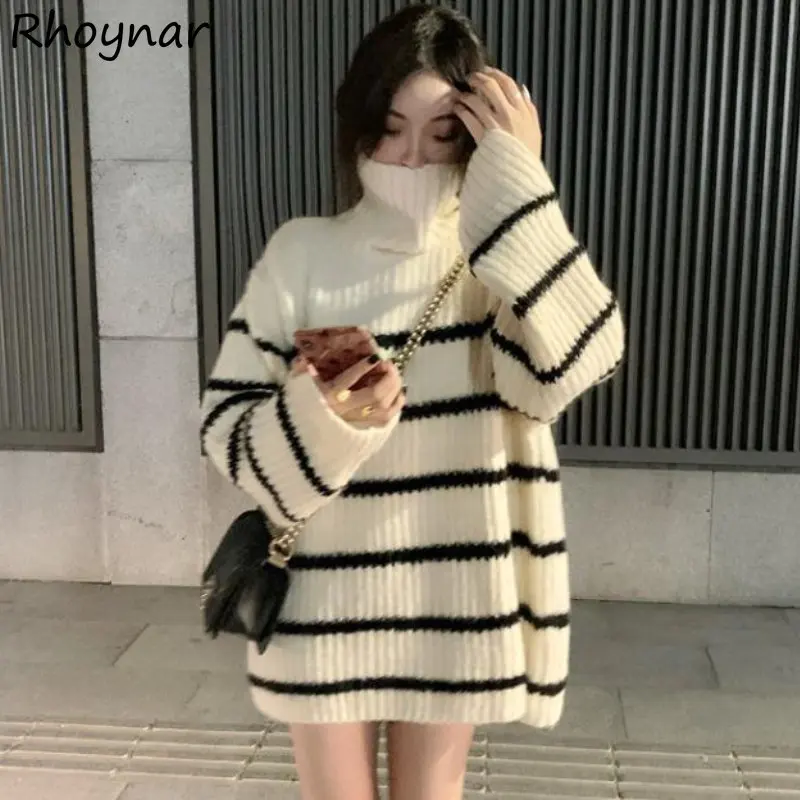 

Striped Pullovers Women Baggy Turtleneck Sweater Korean Fashion Clothes Knitwear Students Teens Свитер Женский Chic Aesthetics