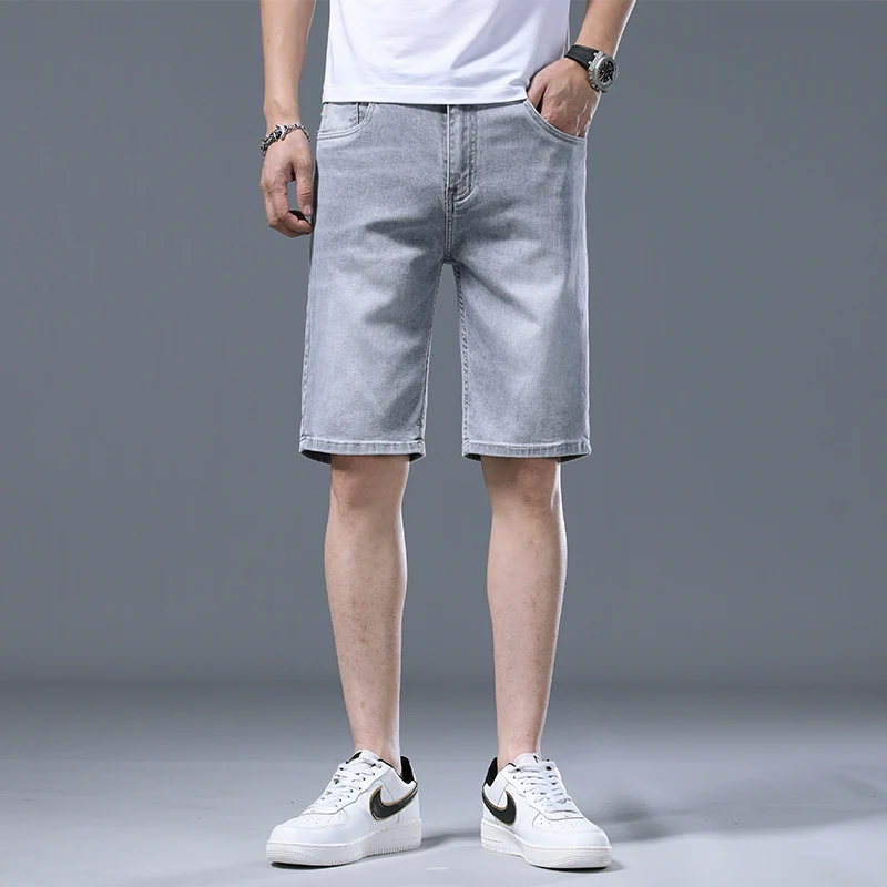 Summer Thin Light Gray Stretch Denim Shorts Men's Fashion Brand Loose Straight Ruffle Handsome Street Casual Cropped Pants