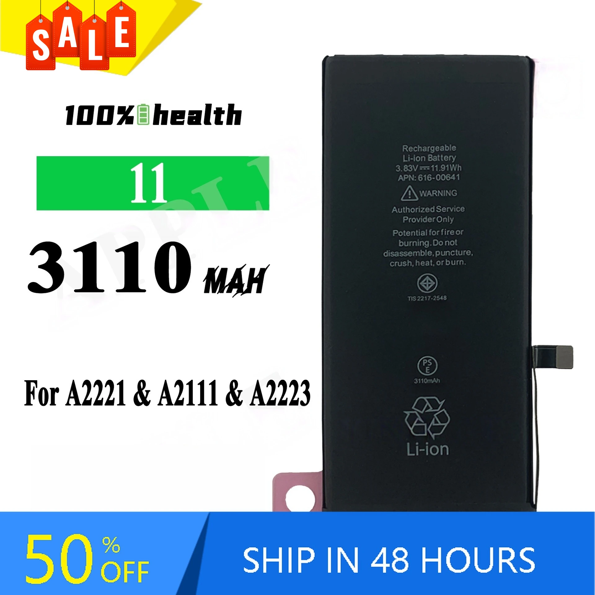 3110mah for IPhone 11 Apple 11 Battery A2221 A2111 A2223 Large Capacity Rechargeable Battery