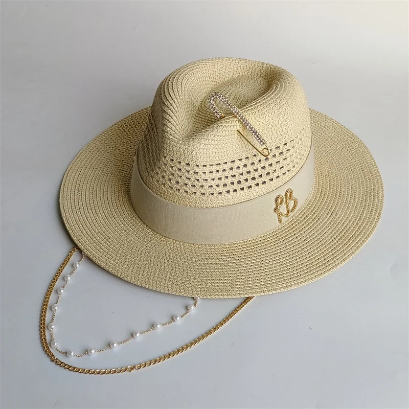 Beige Strohhut Perlenkette DIY Flat Top Sonnenhut neuer koreanischer elastischer Bandhut Strandhut Bonbonfarbener Sonnenhut