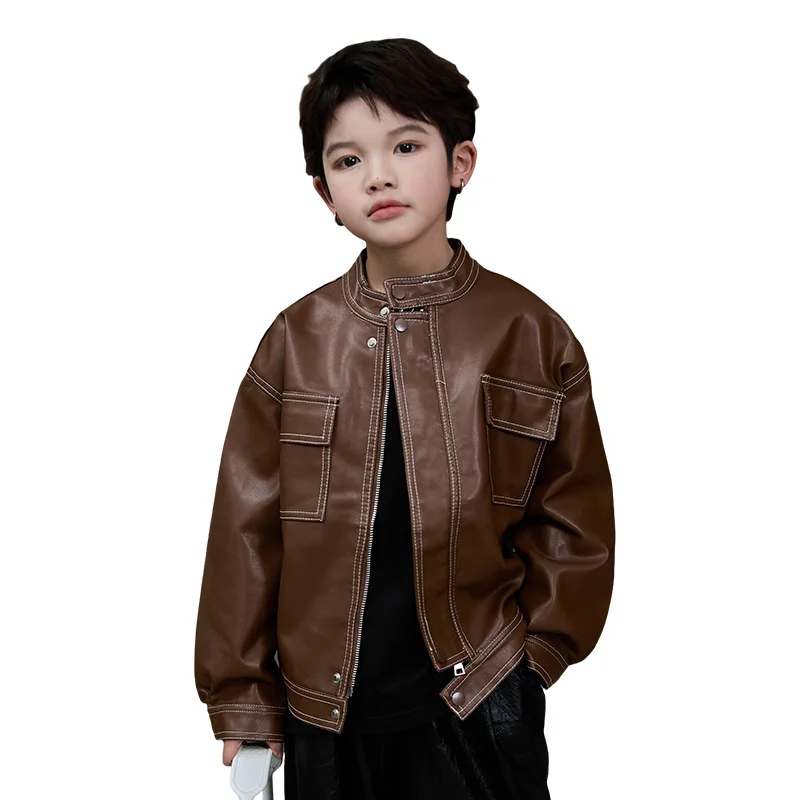 Boys Coffee Motorcycle Pu Leather Jacket Children  Christmas NEW Year Waterproof Windproof Coat Kids Street Photography Wear