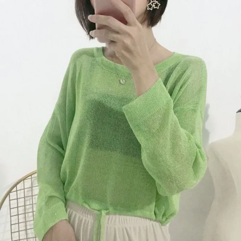 Women's Sun Protection Pullover Sweater Summer Korean Style Loose Long Sleeve Short Shiny Top Blouse