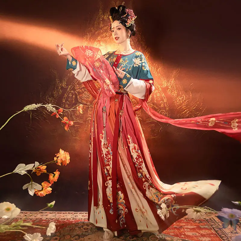 ‌ مجموعة Tang Dynasty Hanfu - تنورة عالية الخصر وشاح Dunhuang للرقص الشرقي للنساء