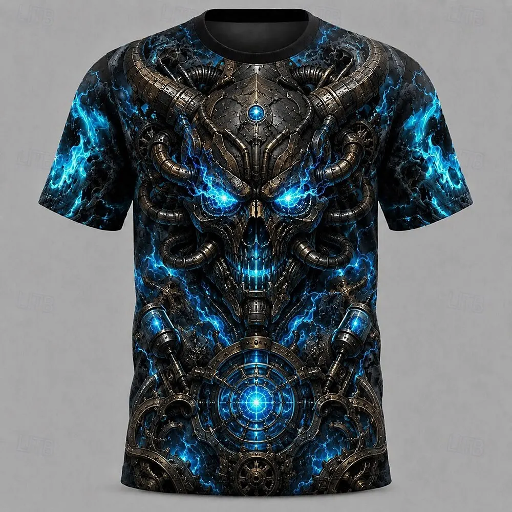 Men's Spring Summer 3D Printed Crew Neck T Shirt, Blue Flame Mechanical Gear Punk Skull Dark Sci-Fi Graphic Daily Top
