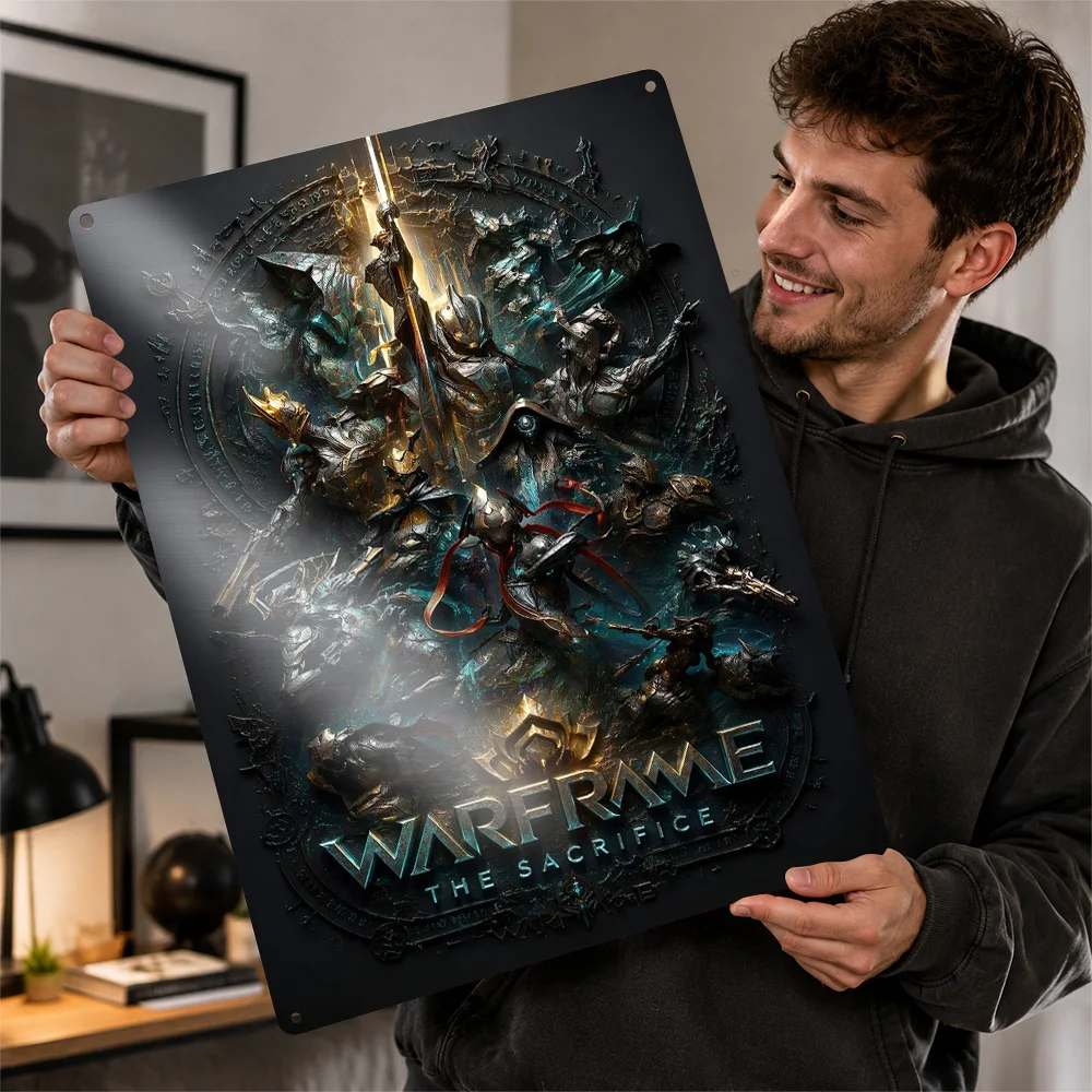 Warframe The Sacrifice Emblem Printed Poster Ornamental Wall Art For Bedroom Customized Aluminum Metal Sign Video Game Fan Gift