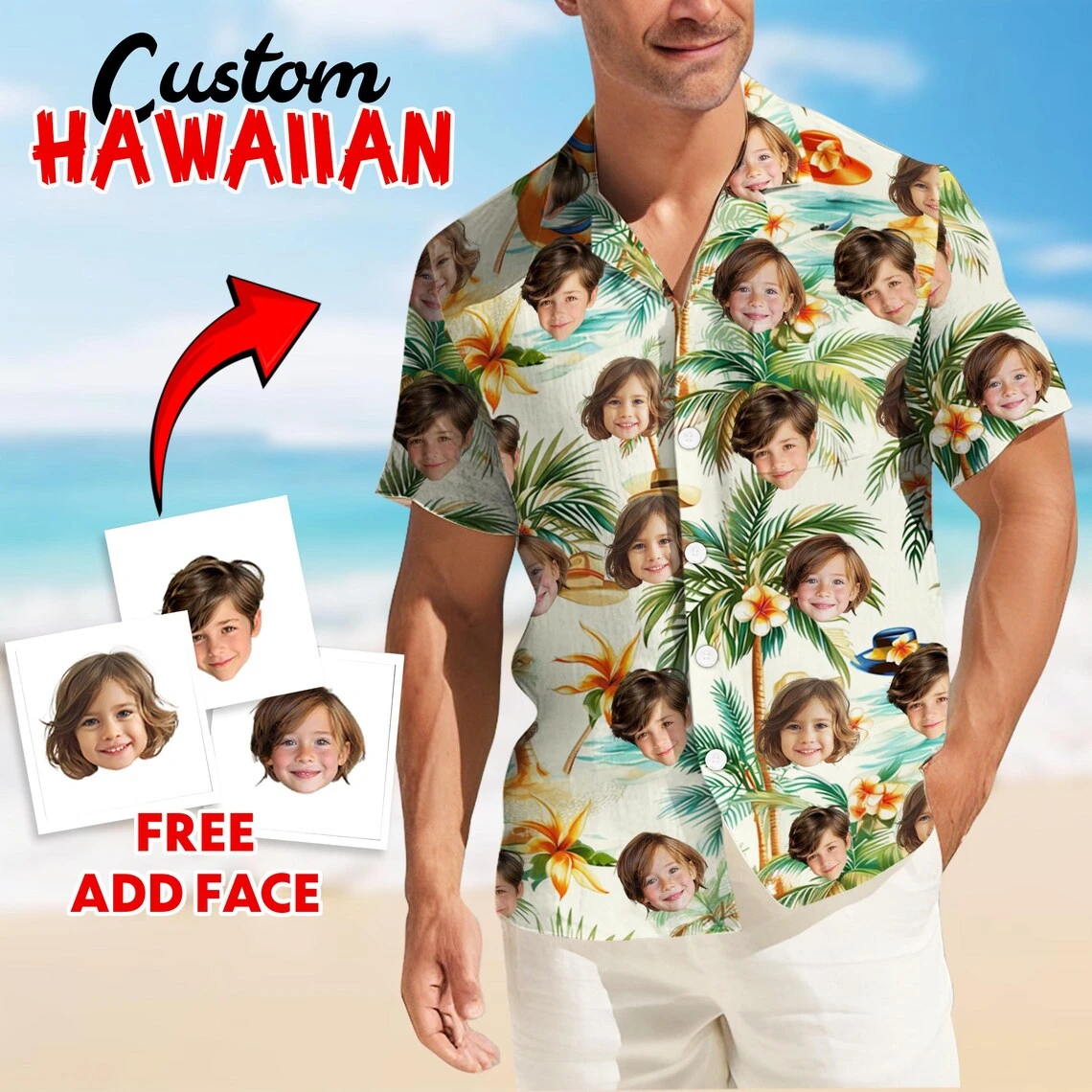 

Custom Face Hawaiian Shirt Men Women Funny Personalized 3D Print Button Shirts Hawaiian Beach Short Sleeve Lapel Shirts Blouses