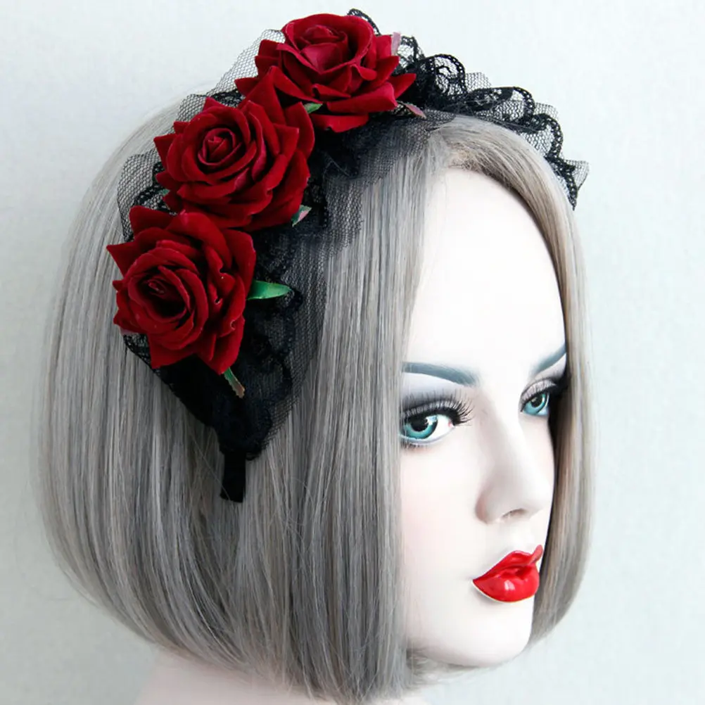 Black Gothic Headband Lace Rose Flower One Size Fits Most Durable Party Costume Cosplay Hair Accessories Gothic Headpiece