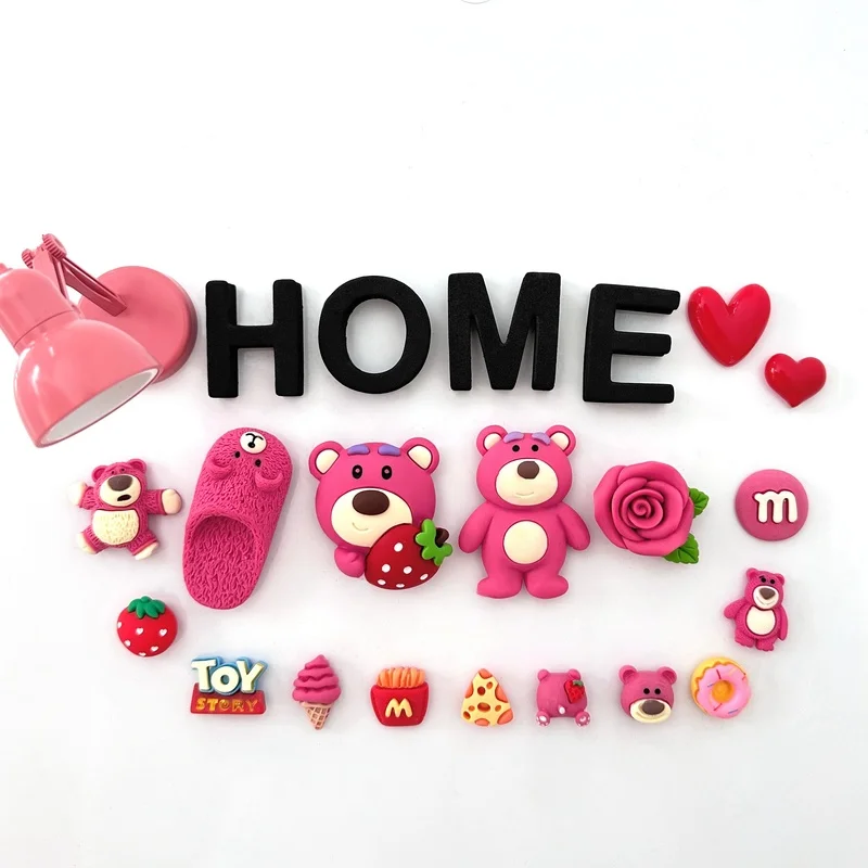 Nuevo dibujo de Disney, bonito oso de fresa, imán para nevera 3d, figuras de acción creativas, decoraciones, juguete para regalo magnético.