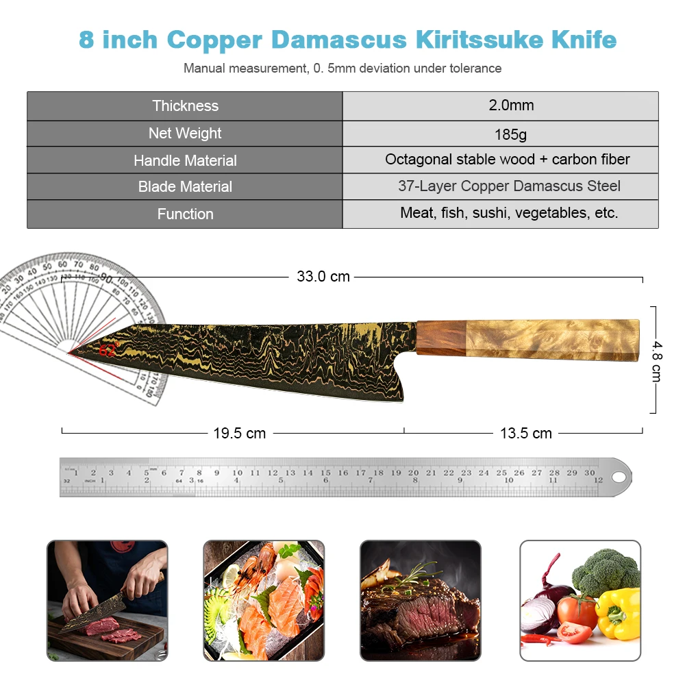 XITUO Kiritsuke Chef Knife 8 Inch,37 Layers Hand-forged Rainbow Copper Damascus Steel Japanese Knife for Chefs&Home-Razor Sharp
