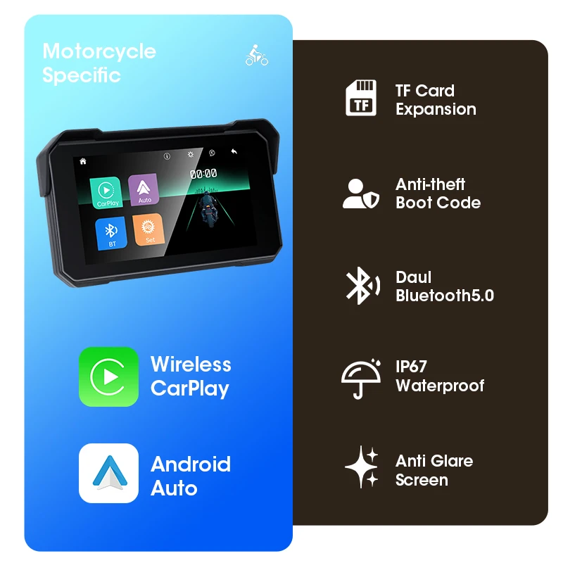 Schermo GPS Portatile per Moto con Carplay, Navigazione IPX7 Impermeabile, Android Auto Wireless, Monitor Moto con Doppio Bluetooth e Touch Screen