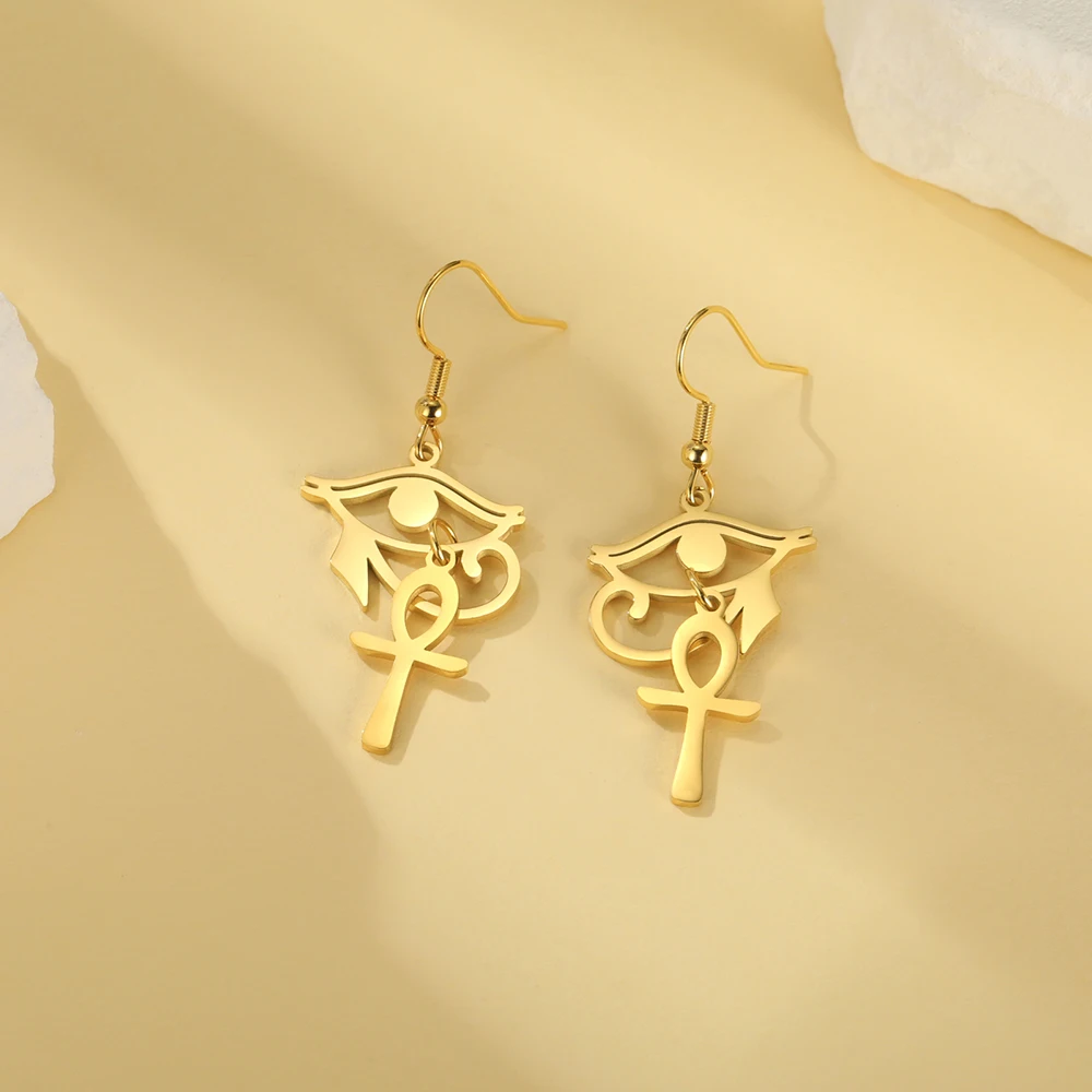 Dawapara alte ägyptische Symbol Ohrringe Auge von Horus und Ankh Kreuz Hieroglyphen Ideograph Schutz Amulett Edelstahl – Detail 26
