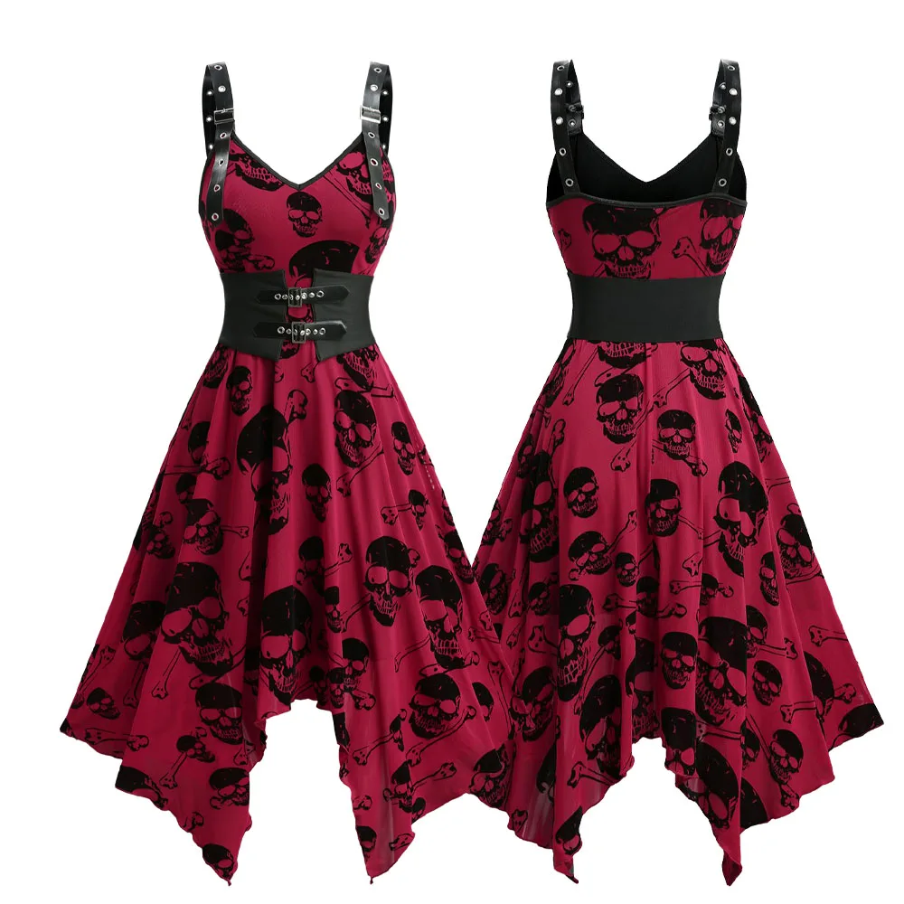 ROSEGAL Abito gotico stampato con osso di teschio con cintura rimovibile, abito rosso senza maniche da donna con fazzoletto floccato