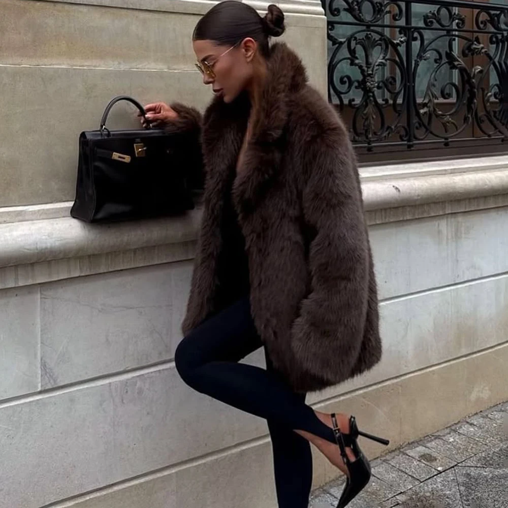 투울라로즈 여성 우아한 인조 모피 코트 따뜻하고 푹신한 루즈핏 긴 소매 라펠 재킷 가을 겨울 패션 하이 스트리트 여성 아우터웨어