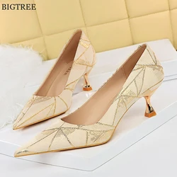 5.5CM Metal Heel Comfort Ladies Office Shoes 2025 New Pointed Toe High Heels Women Black Apricot Soft Fabric Fashion Dress Pumps