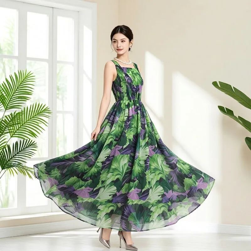 

Bohemian Style Maxi Dress Halter Neck Embroidered Dyed Beachy Skirt Silhouette Slimming Green Color Summer Fashion Women's Dress