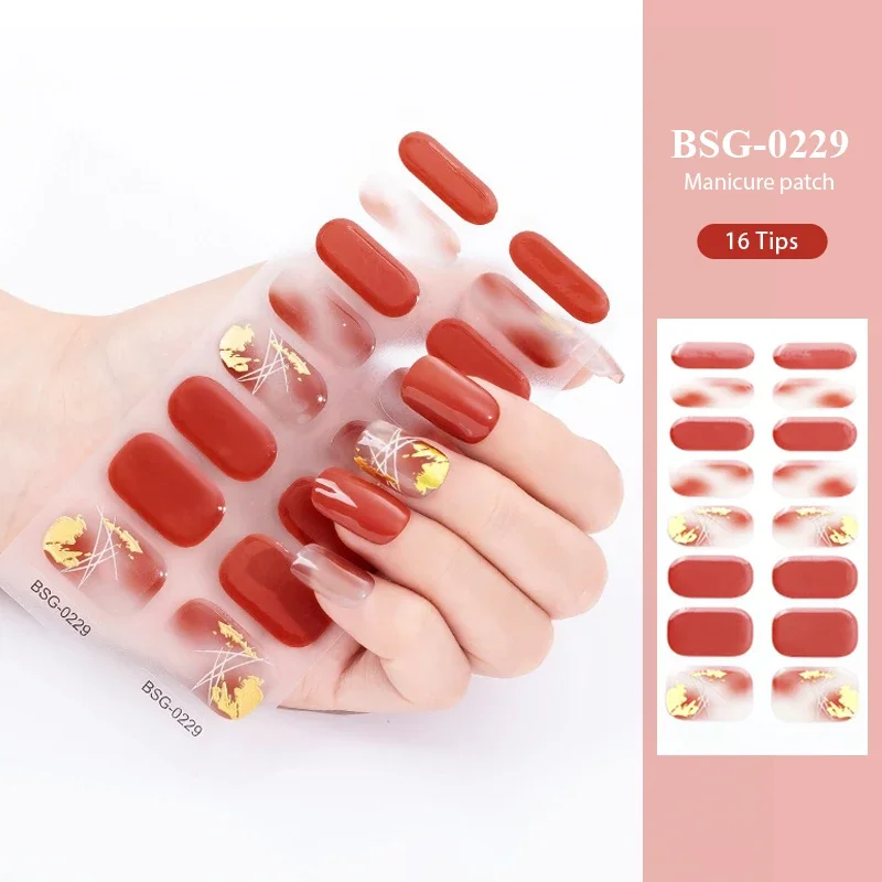 16 Tips New Gel  Semi-cured Solid Color Nail  Stickers UV/LED Lamp Cured Long Lasting Gel Nail Patch Full Cover Nail Charms