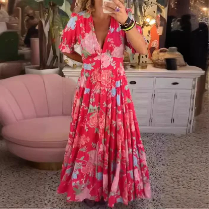 2025 Sping Summer Boho Donna Maxi Dress Casual Manica corta A-line Balza Beach Abiti da donna Abiti floreali Vestidoes Mujer