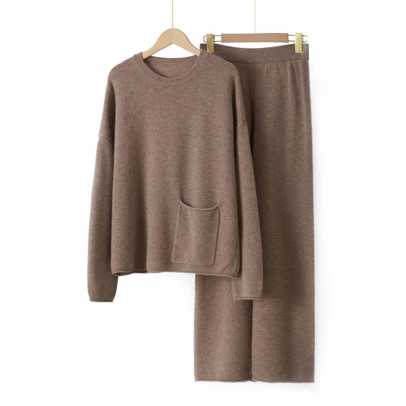 

Женский вязаный свитер из чистой австралийской шерсти, свободные брюки, верхний карман, украшение, стиль с загнутыми краями, высококачественный мягкий и теплый костюм